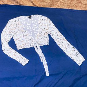 90s Y2k Women's Sequin Luxury Shrug Cejon Tie Front Mesh Crop Top